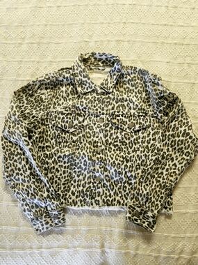 Altar'd State Leopard Print Cropped Denim Jacket - Neutral Tones